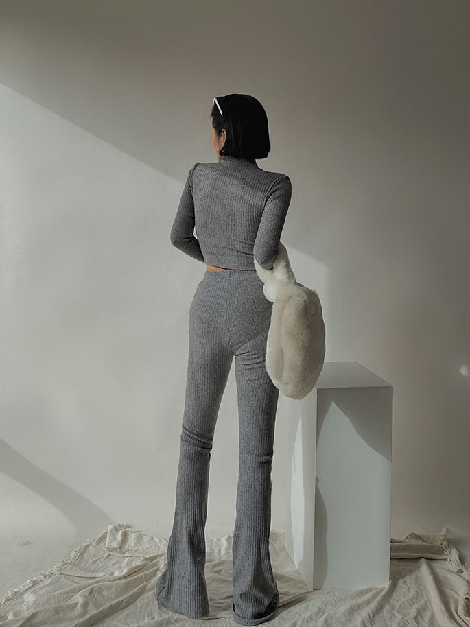 Grey Knitted Ribbed Flare Pants
