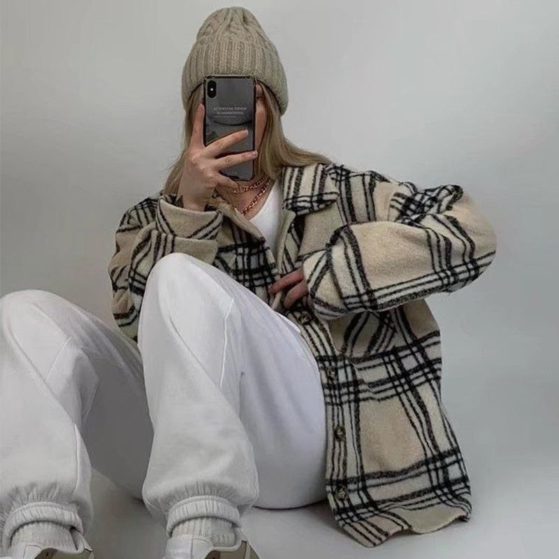 Hazelnut Plaid Woolen Blends Oversized Coat